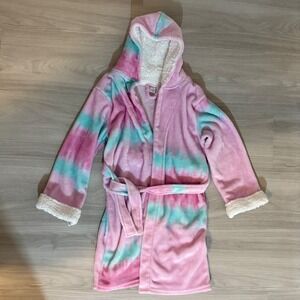 Modern Kids Girl Bath Robe Tie Dye Hooded Sherpa Trim Cozy Plush Lounge L
